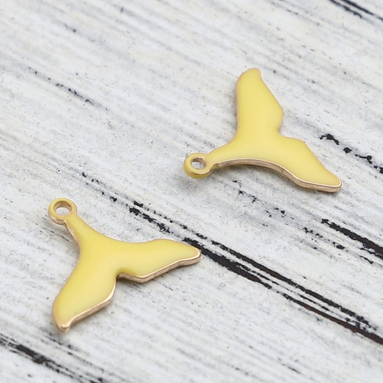 Picture of Brass Enamelled Sequins Charms Gold Plated Lemon Yellow Fishtail 12mm x 9mm, 10 PCs                                                                                                                                                                           