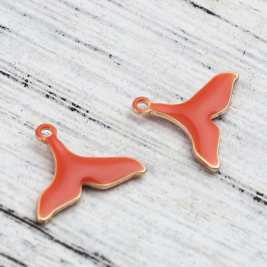 Picture of Brass Enamelled Sequins Charms Gold Plated Orange-red Fishtail 12mm x 9mm, 10 PCs                                                                                                                                                                             