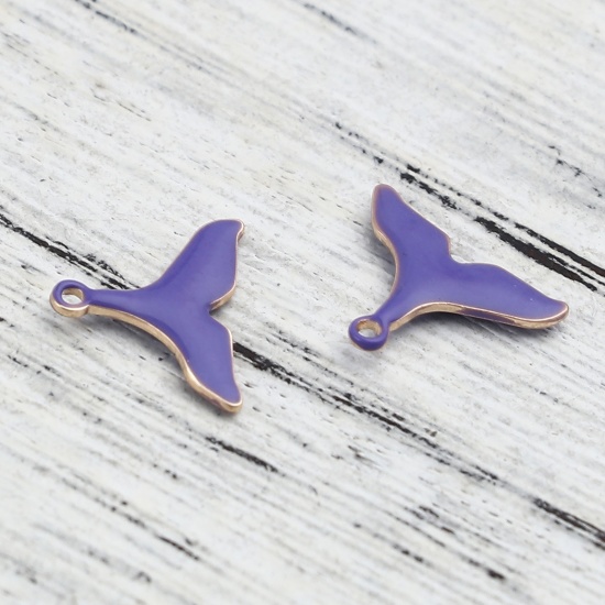 Picture of Brass Enamelled Sequins Charms Gold Plated Blue Violet Fishtail 12mm x 9mm, 10 PCs                                                                                                                                                                            