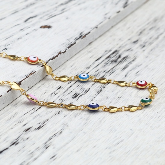 Picture of Brass Religious Enamel Link Chain Findings Heart Evil Eye Gold Plated Multicolor 7mm Dia., 1 M                                                                                                                                                                