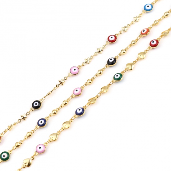 Picture of Brass Religious Enamel Link Chain Findings Heart Evil Eye Gold Plated Multicolor 7mm Dia., 1 M                                                                                                                                                                