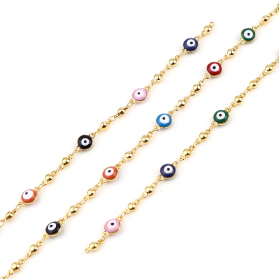 Picture of Brass Religious Enamel Link Chain Findings Round Evil Eye Gold Plated Multicolor 7mm Dia., 1 M                                                                                                                                                                