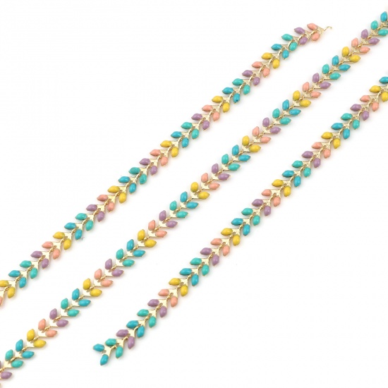 Picture of Copper Enamel Link Chain Findings Leaf Gold Plated Multicolor 6mm, 1 M