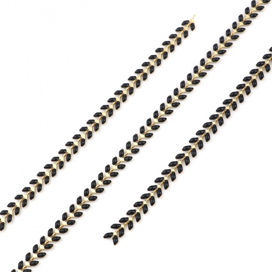 Picture of Copper Enamel Link Chain Findings Leaf Gold Plated Black 6mm, 1 M