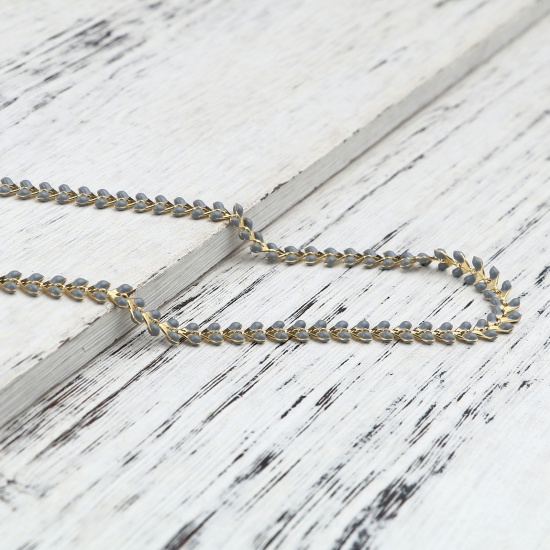 Picture of Brass Enamel Link Chain Findings Leaf Gold Plated Gray 6mm, 1 M                                                                                                                                                                                               