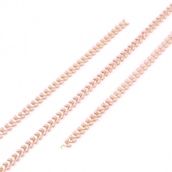 Picture of Copper Enamel Link Chain Findings Leaf Gold Plated Pink 6mm, 1 M