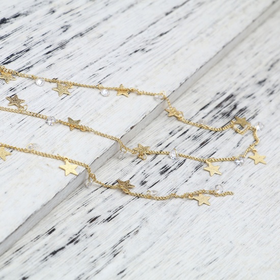 Immagine di Ottone Catena Singolare Accessori Stella a Cinque Punte Oro Placcato Trasparente Cubic Zirconiae 13x8mm, 1 M                                                                                                                                                  