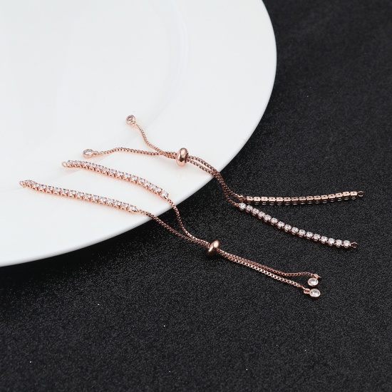 Picture of Copper Slider/Slide Extender Chain Rose Gold Adjustable Clear Rhinestone 12.5cm(4 7/8") long, 1 Piece