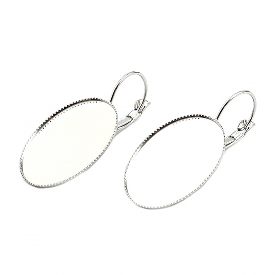 Picture of Brass Cabochon Settings Ear Clips Earrings Oval Silver Tone (Fit 25mmx18mm) 38mm x 19mm, Post/ Wire Size: (20 gauge), 10 PCs                                                                                                                                  