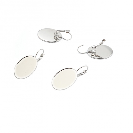 Picture of Brass Cabochon Settings Ear Clips Earrings Oval Silver Tone (Fit 25mmx18mm) 38mm x 19mm, Post/ Wire Size: (20 gauge), 10 PCs                                                                                                                                  