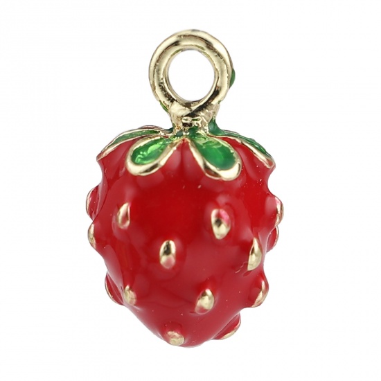Picture of Zinc Based Alloy Charms Strawberry Fruit Gold Plated Red Enamel 16mm x 10mm, 5 PCs