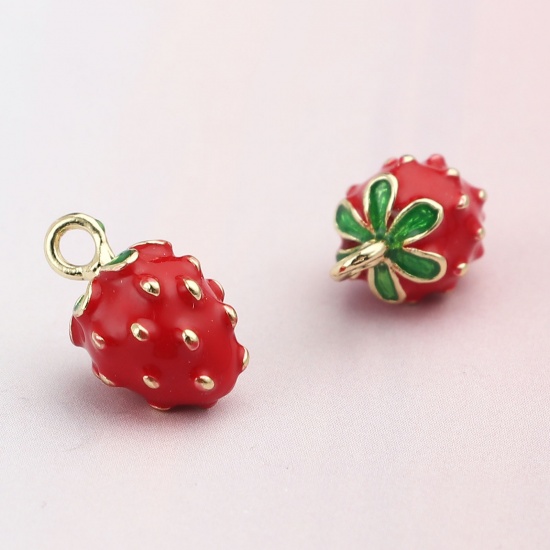 Picture of Zinc Based Alloy Charms Strawberry Fruit Gold Plated Red Enamel 16mm x 10mm, 5 PCs