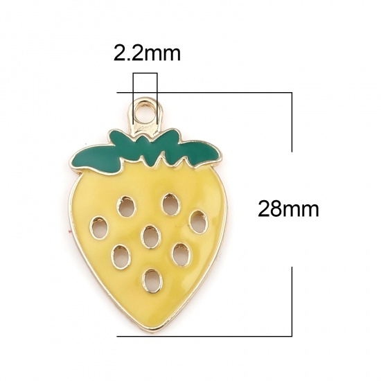 Picture of Zinc Based Alloy Charms Strawberry Fruit Gold Plated Yellow Enamel 28mm x 19mm, 5 PCs