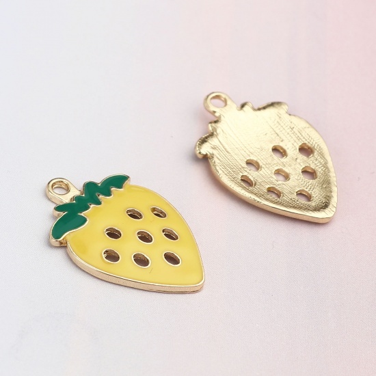 Picture of Zinc Based Alloy Charms Strawberry Fruit Gold Plated Yellow Enamel 28mm x 19mm, 5 PCs