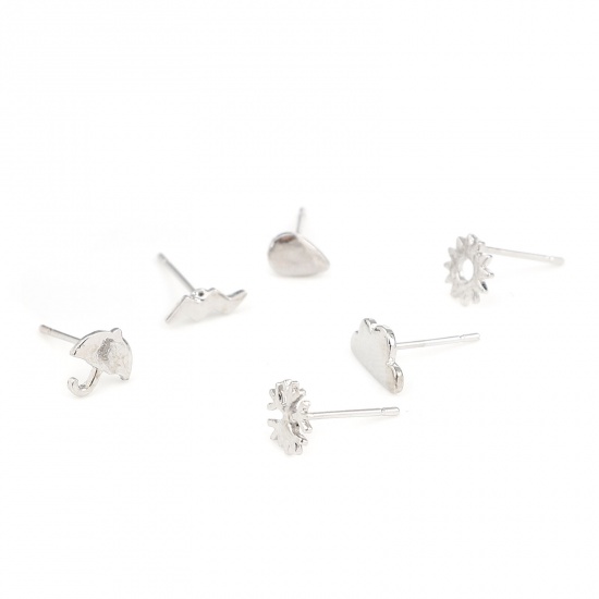 Picture of Weather Collection Ear Post Stud Earrings Findings Lightning Silver Tone Cloud 10mm x 6mm - 7mm x 5mm, Post/ Wire Size: (21 gauge), 1 Set ( 6 PCs/Set)