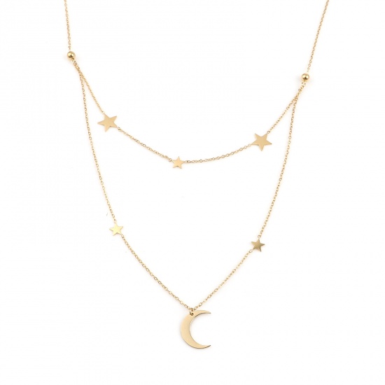 Picture of Stainless Steel Galaxy Link Cable Chain Findings Necklace Gold Plated Half Moon Star 42cm(16 4/8") long, 1 Piece