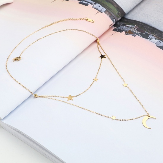Picture of Stainless Steel Galaxy Link Cable Chain Findings Necklace Gold Plated Half Moon Star 42cm(16 4/8") long, 1 Piece