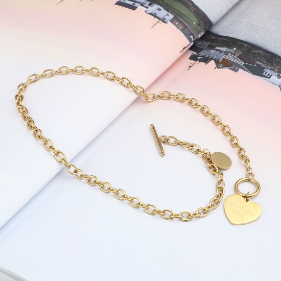 Picture of Stainless Steel Valentine's Day Link Cable Chain Findings Necklace Gold Plated Heart Message " LOVE YOU MORE " 42cm(16 4/8") long, 1 Piece