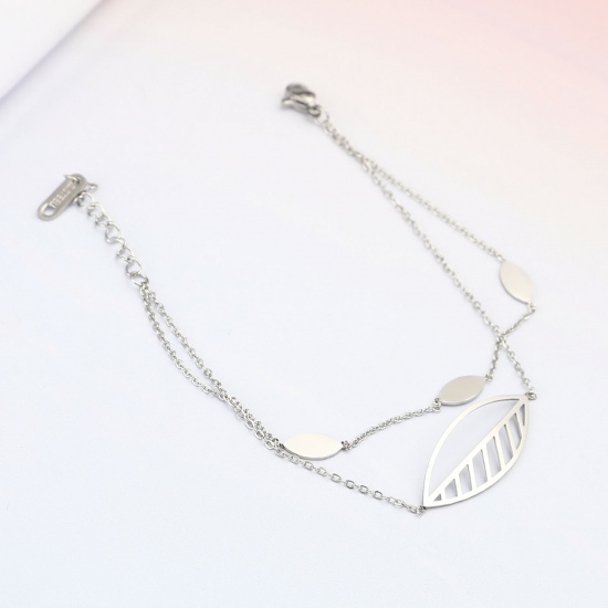 Picture of Stainless Steel Link Cable Chain Findings Bracelets Silver Tone Leaf Multilayer 16cm(6 2/8") long, 1 Piece