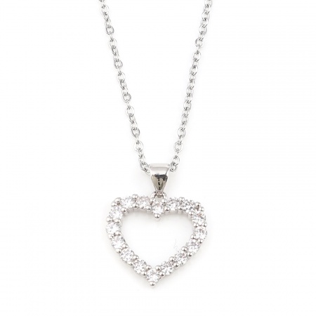 Picture of Stainless Steel Valentine's Day Link Cable Chain Findings Necklace Silver Tone Heart Clear Cubic Zirconia 45cm(17 6/8") long, 1 Piece