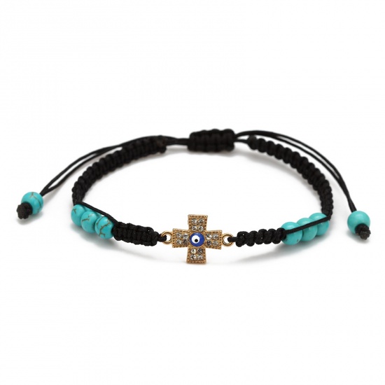 Picture of Nylon Braiding Braided Bracelets Accessories Findings Black Cross Evil Eye Imitation Turquoise Clear Rhinestone 1 Piece