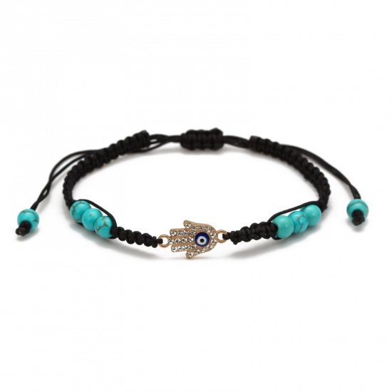 Picture of Nylon Braiding Braided Bracelets Accessories Findings Black Hamsa Symbol Hand Evil Eye Imitation Turquoise Clear Rhinestone 1 Piece