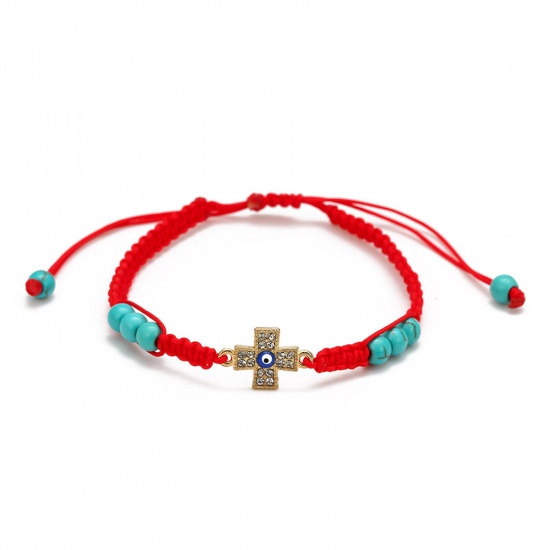 Picture of Nylon Braiding Braided Bracelets Accessories Findings Red Cross Evil Eye Imitation Turquoise Clear Rhinestone 1 Piece