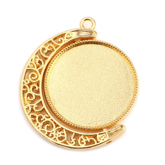 Picture of Zinc Based Alloy Galaxy Cabochon Settings Pendants Half Moon Gold Plated Filigree Rotatable (Fits 25mm Dia.) 39mm x 34mm, 5 PCs
