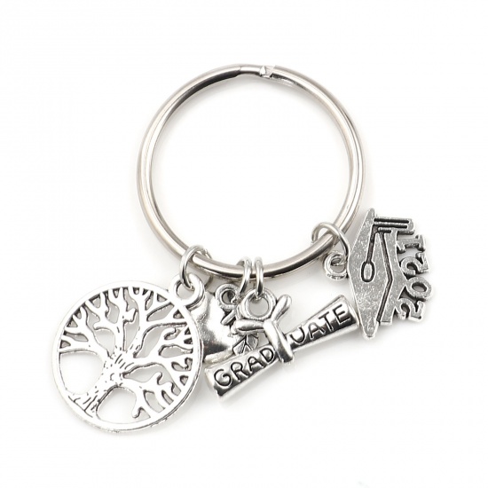 Picture of Year & College Keychain & Keyring Silver Tone & Antique Silver Color Diploma Trencher Cap Message " 2021 GRADUATE" 52mm, 1 Piece
