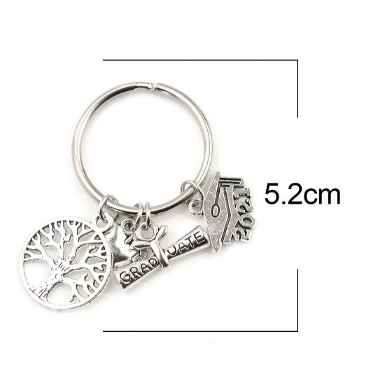 Picture of Year & College Keychain & Keyring Silver Tone & Antique Silver Color Diploma Trencher Cap Message " 2021 GRADUATE" 52mm, 1 Piece