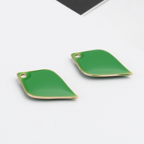 Picture of Copper Enamelled Sequins Charms Gold Plated Grass Green Petaline 18mm x 12mm, 10 PCs