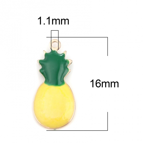 Picture of Brass Enamelled Sequins Charms Gold Plated Lemon Yellow Pineapple/ Ananas Fruit 16mm x 7mm, 5 PCs                                                                                                                                                             