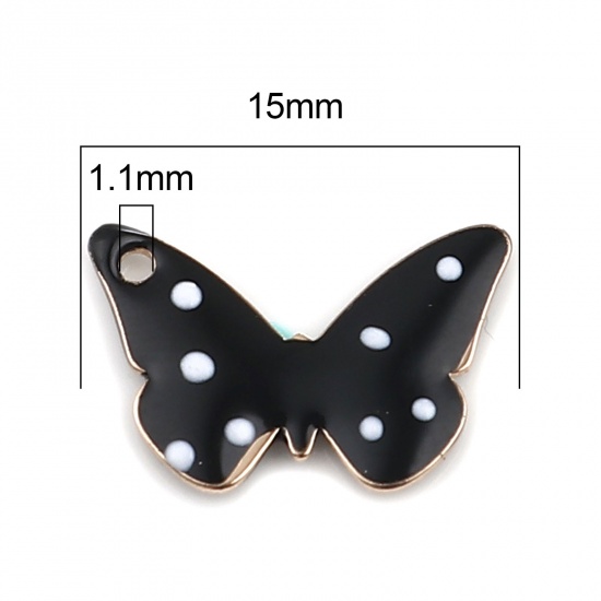 Bild von Messing Emaillierte Pailletten Charms Schmetterling Vergoldet Schwarz Punkt 15mm x 10mm, 5 Stück                                                                                                                                                              