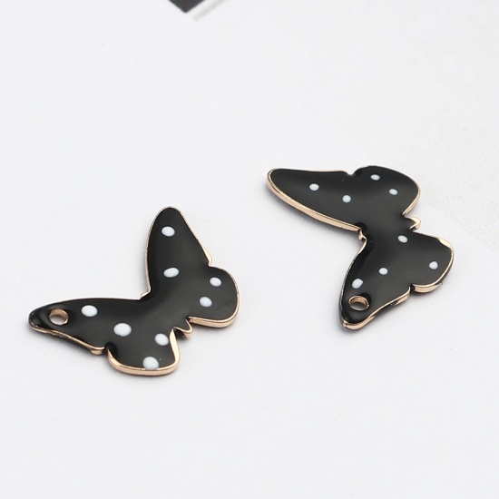 Bild von Messing Emaillierte Pailletten Charms Schmetterling Vergoldet Schwarz Punkt 15mm x 10mm, 5 Stück                                                                                                                                                              