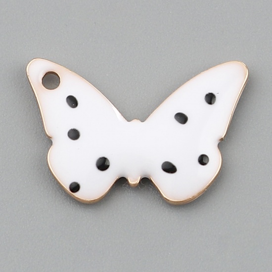 Picture of Brass Enamelled Sequins Charms Gold Plated White Butterfly Animal Dot 15mm x 10mm, 5 PCs                                                                                                                                                                      