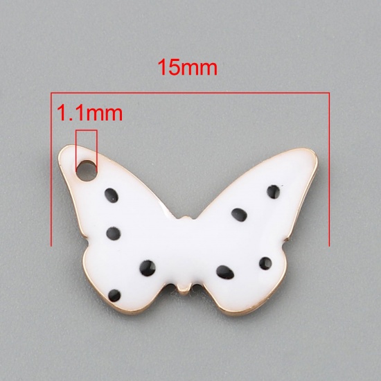 Bild von Messing Emaillierte Pailletten Charms Schmetterling Vergoldet Weiß Punkt 15mm x 10mm, 5 Stück                                                                                                                                                                 