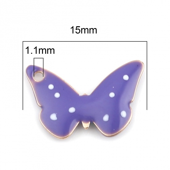 Bild von Messing Emaillierte Pailletten Charms Schmetterling Vergoldet Blau Violett Punkt 15mm x 10mm, 5 Stück                                                                                                                                                         
