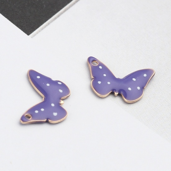 Bild von Messing Emaillierte Pailletten Charms Schmetterling Vergoldet Blau Violett Punkt 15mm x 10mm, 5 Stück                                                                                                                                                         