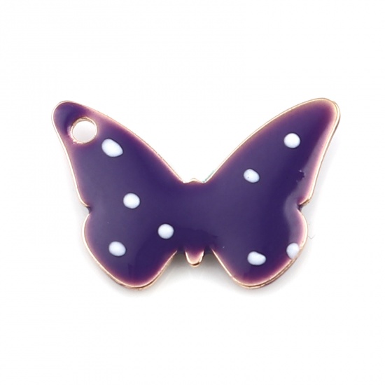 Bild von Messing Emaillierte Pailletten Charms Schmetterling Vergoldet Lila Punkt 15mm x 10mm, 5 Stück                                                                                                                                                                 
