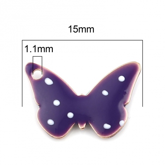 Bild von Messing Emaillierte Pailletten Charms Schmetterling Vergoldet Lila Punkt 15mm x 10mm, 5 Stück                                                                                                                                                                 