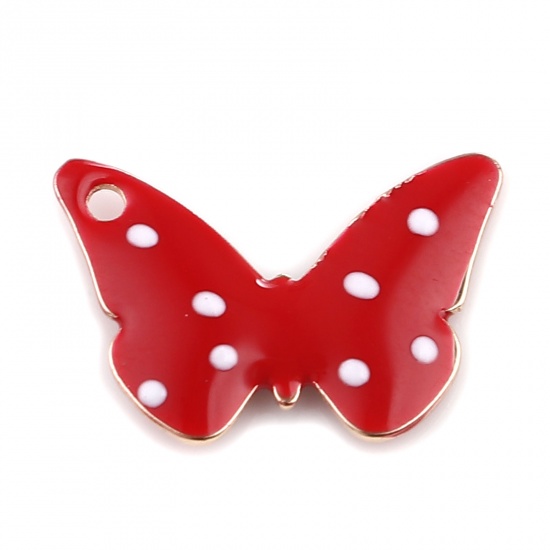 Bild von Messing Emaillierte Pailletten Charms Schmetterling Vergoldet Rot Punkt 15mm x 10mm, 5 Stück                                                                                                                                                                  
