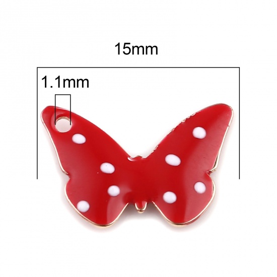 Bild von Messing Emaillierte Pailletten Charms Schmetterling Vergoldet Rot Punkt 15mm x 10mm, 5 Stück                                                                                                                                                                  