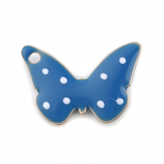 Bild von Messing Emaillierte Pailletten Charms Schmetterling Vergoldet Blau Punkt 15mm x 10mm, 5 Stück                                                                                                                                                                 