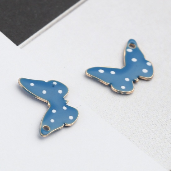 Bild von Messing Emaillierte Pailletten Charms Schmetterling Vergoldet Blau Punkt 15mm x 10mm, 5 Stück                                                                                                                                                                 