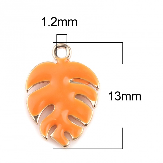 Picture of Copper Enamelled Sequins Charms Gold Plated Orange Monstera 13mm x 9mm, 5 PCs