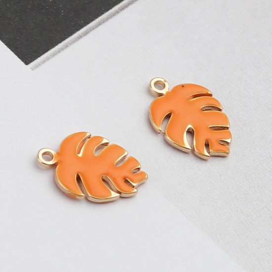 Picture of Brass Enamelled Sequins Charms Gold Plated Orange Monstera 13mm x 9mm, 5 PCs                                                                                                                                                                                  
