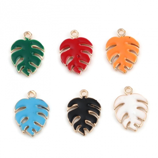 Picture of Copper Enamelled Sequins Charms Gold Plated Orange Monstera 13mm x 9mm, 5 PCs