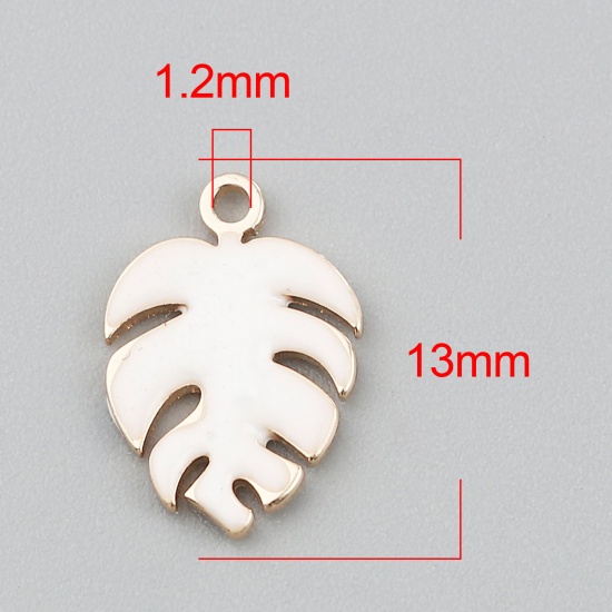 Picture of Copper Enamelled Sequins Charms Gold Plated White Monstera 13mm x 9mm, 5 PCs