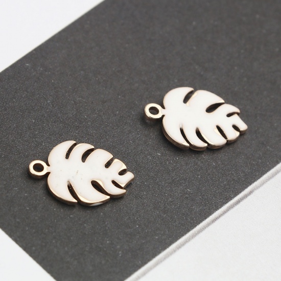Picture of Copper Enamelled Sequins Charms Gold Plated White Monstera 13mm x 9mm, 5 PCs