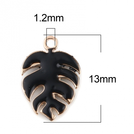 Picture of Copper Enamelled Sequins Charms Gold Plated Black Monstera 13mm x 9mm, 5 PCs
